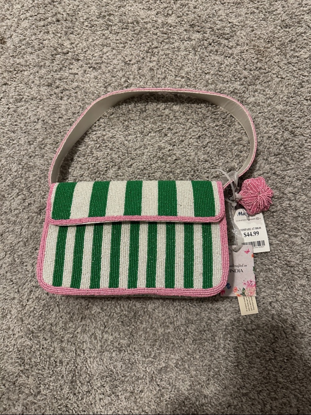Beaded Green and White Striped Crossbody Bag with Pink Trim